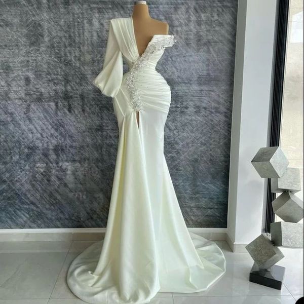 

elegant mermaid wedding dresses one long sleeve one shoulder appliques sequins beads v neck front slit sweep floor train lace illusion custo, White