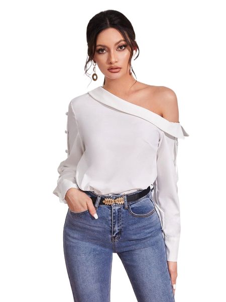 

asymmetrical neck button side blouse without belt e0uw#, White