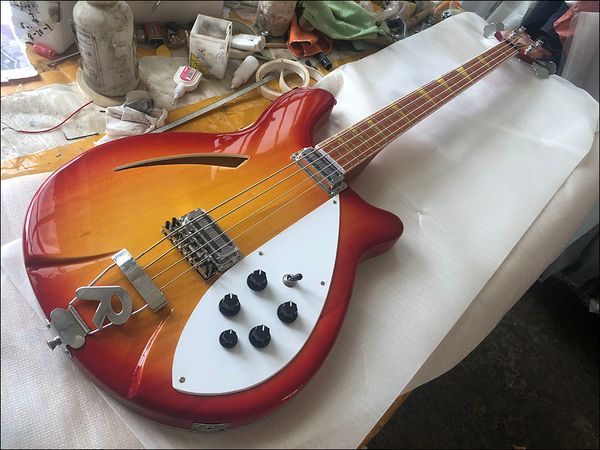 

4005 4 strings fire glo cherry sunburst hollow body electric bass guitar single f hole checkerboard binding gloss lacquer fingerboard mop tr