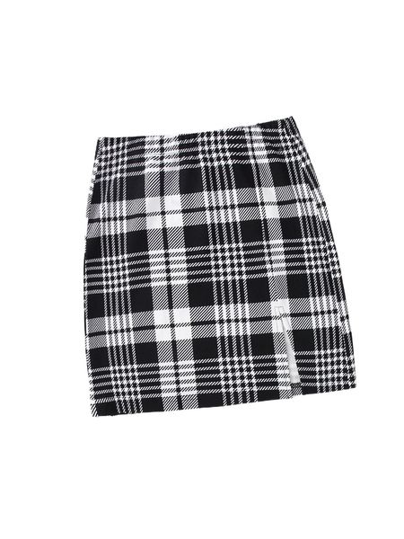 

slit hem plaid skirt 28ru#, Black