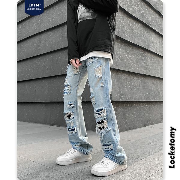 

men's jeans patchwork jean hombre motorcycle pants 2022 spring streetwear ripped noir homme zipper for men stacked holemen's, Blue