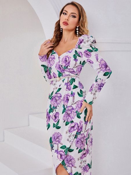 

allover floral print wrap hem dress without belt o4dt#, Black;gray