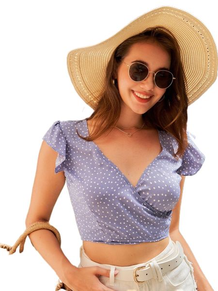 

polka dot print butterfly sleeve tie back crop blouse d08q#, White
