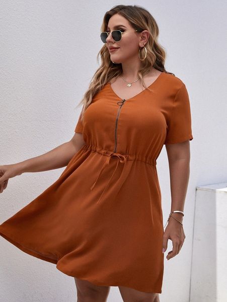 

plus half zipper drawstring waist dress y681#, Black