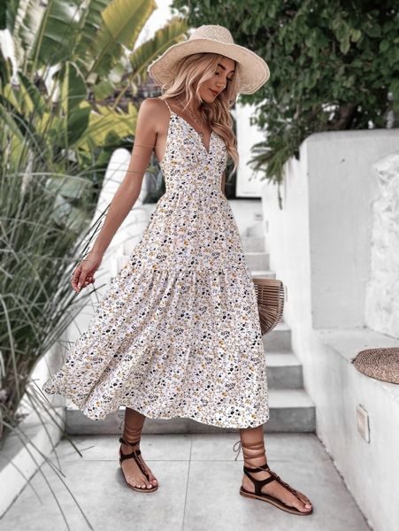 

ditsy floral print tie backless ruffle hem cami dress w5j9#, Black;gray