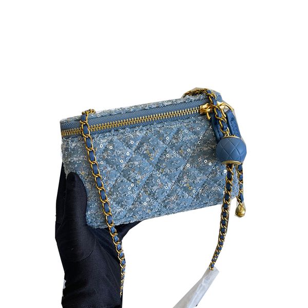 2022SS Classic Mini Vanity Denim Paillettes Borse Box trapunte Cribina Crossbody Spalla Luxury Designer Cosmetica Custodia esterna Sacoche Womens Borse 10 cm/19 cm