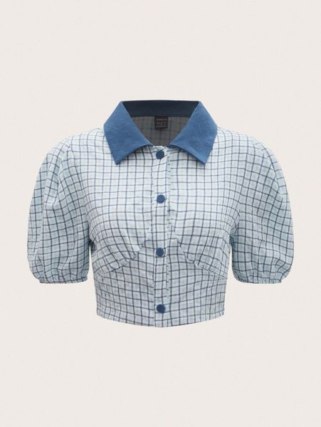 

plaid print contrast collar puff sleeve blouse v38d#, White