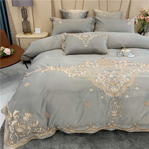 Lusso 4 pezzi Copripiumino Lenzuolo Federa letto in cotone macchia Bianco Ragazze Ricama Grigio Re Regina Bellissimo set di biancheria da letto Nobile Palazzo Reale Letto