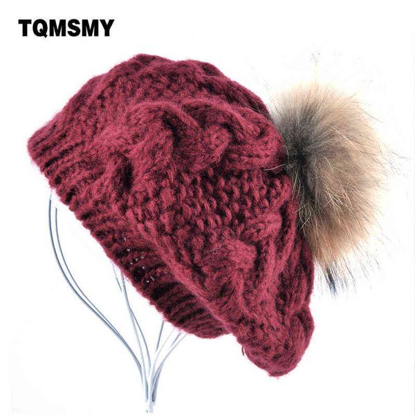 

new winter women hat berets knitted wool pompom beret ladies flat cap bone gorras planas boina real raccoon fur ball hats for women j220722, Blue;gray