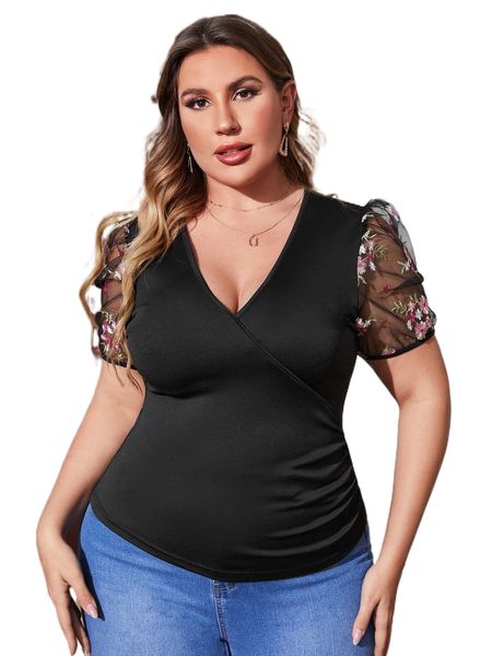 

plus contrast embroidery mesh puff sleeve a6vd#, Black