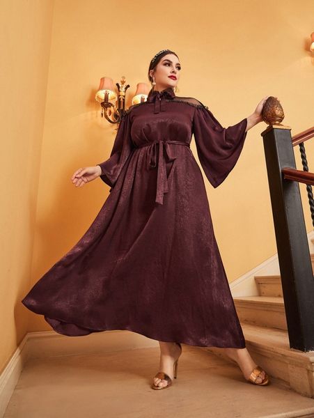 

plus mesh insert tie neck belted jacquard satin dress 1195#, Black