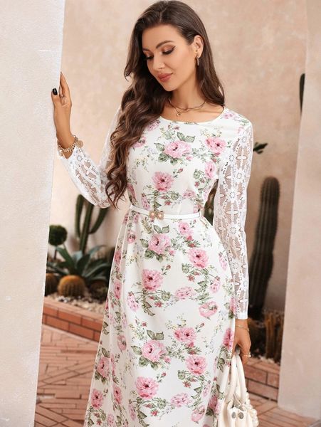 

floral print contrast lace dress without belt n330#, Black;gray