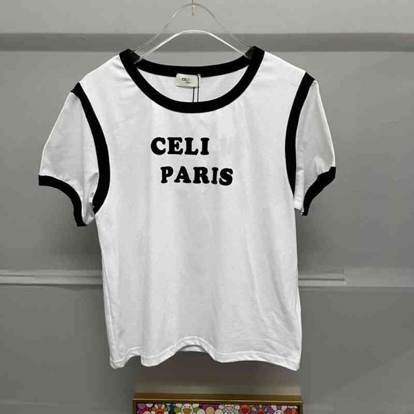 

2022 early spring new ce black and white contrast flocking letters casual short sleeve cotton t-shirt women