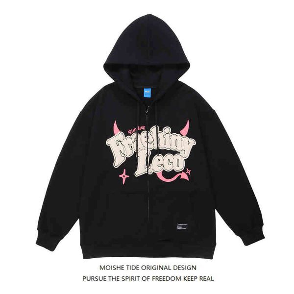 

moishe tide american fashion brand letter foaming hoodie men's loose ins hip hop couple cardigan jacket, Black