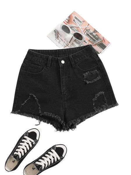 

high waist raw hem denim shorts n8jj#, White;black