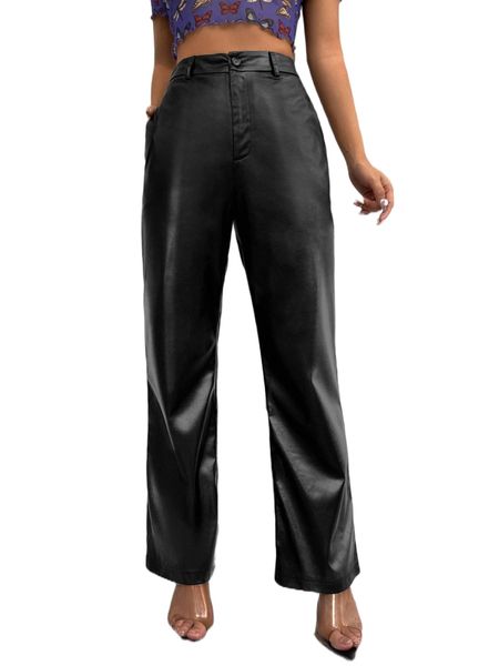 

high waist straight leg pu pants m4fu#, Black;white