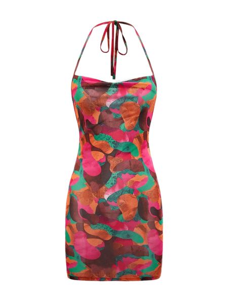 

allover print halter neck backless knot mesh dress n53h#, Black;gray