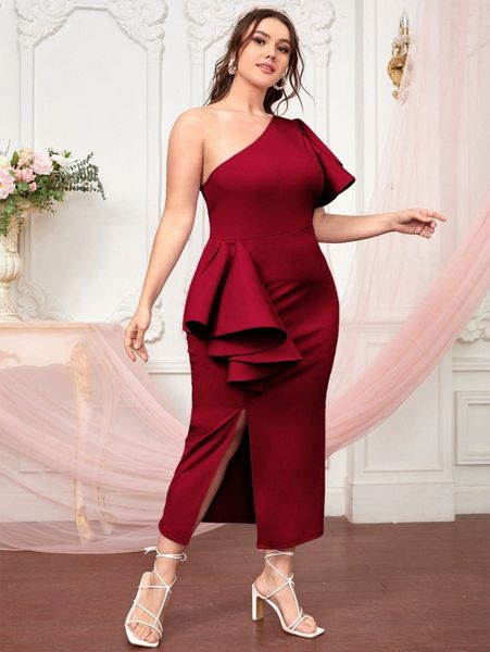 

plus exaggerated ruffle split hem dress s9t6#, Black