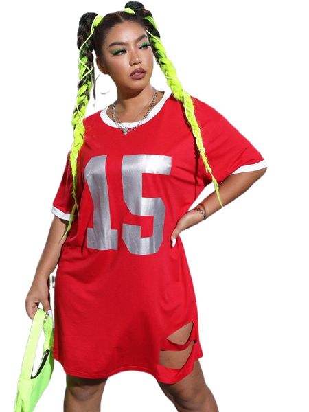 

plus letter graphic ripped tee dress j59f#, Black