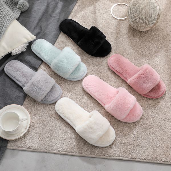 

women slippers for home faux fur warm flat shoes winter autumn female slide fashion flip flops stylish plush slippers, Black