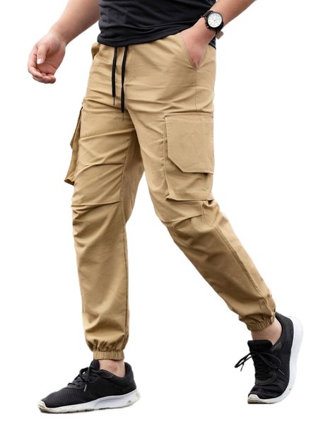 

men flap pocket drawstring waist cargo pants t7oc#, Black