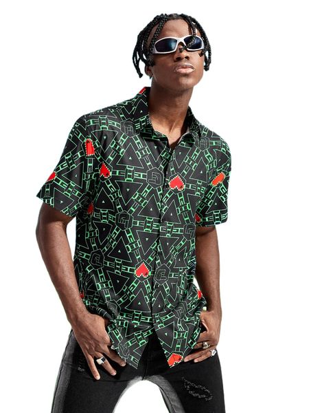 

romwe y2k revival guys allover print shirt c1xd#, White;black