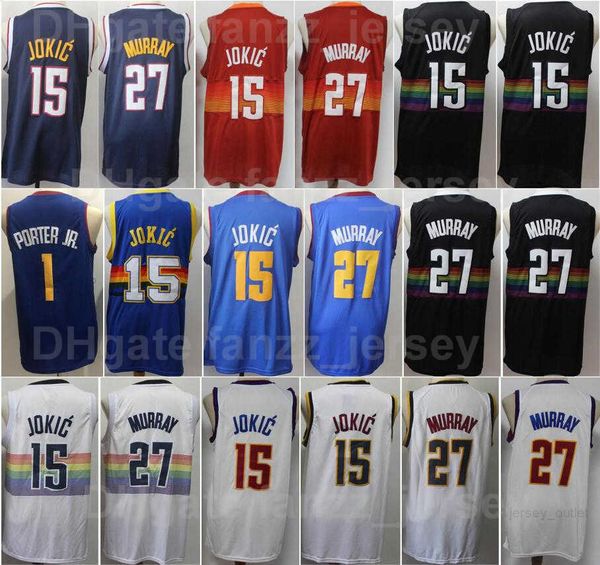 

men jamal murray jersey 27 basketball michael porter jr 1 nikola 15 for sport fans navy blue white red black purple team color embroidery an, Black;red