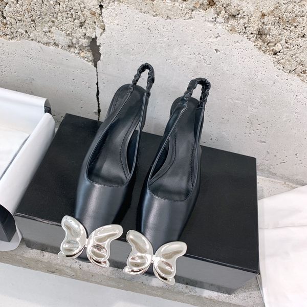 

2022 new sandals niche design metal bow square head back strap single shoes women's all-match flat, Black