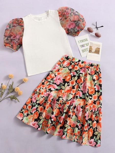 

girls puff sleeve colorblock & floral print ruffle hem skirt she, White