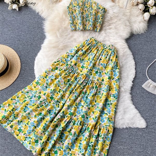 

singreiny women summer floral sets tank + long print long skirt design beach suit holiday elastic waist two piece set 220421, White