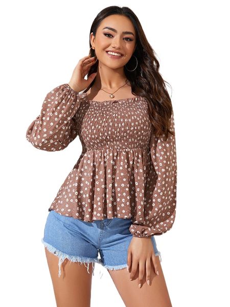 

ditsy floral lantern sleeve shirred peplum hem blouse 58z5#, White