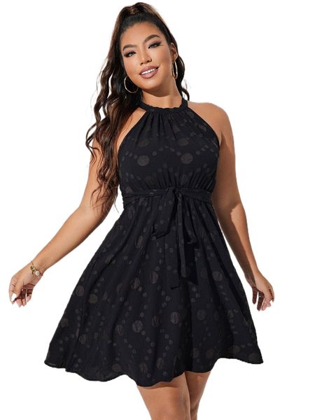 

plus polka dot jacquard halter neck belted dress j5uy#, Black