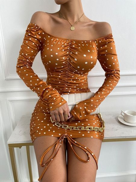 

polka dot drawstring ruched bodycon dress x9qh#, Black;gray