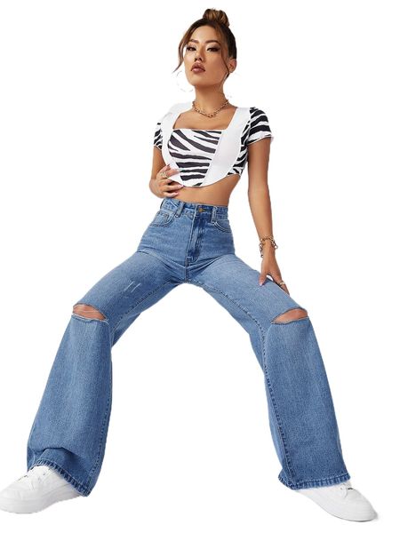 

high waist ripped wide leg jeans x1gb#, Blue