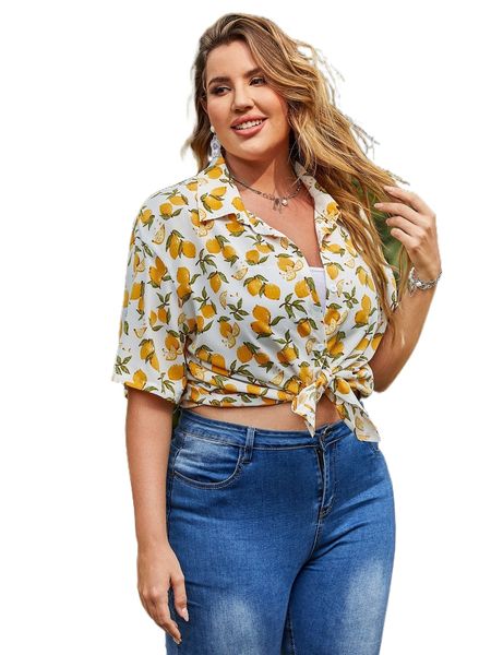 

plus allover lemon print blouse r8ty#, Black