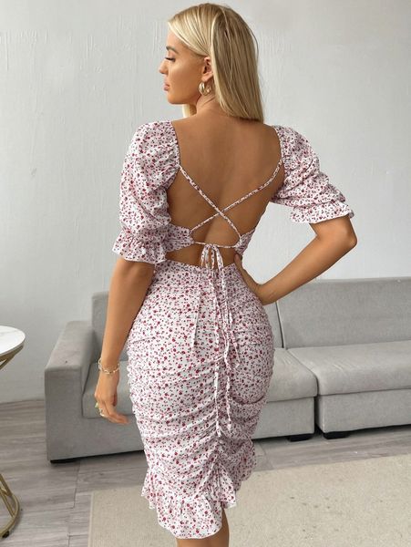 

ditsy floral crisscross tied backless bodycon dress d3lp#, Black;gray