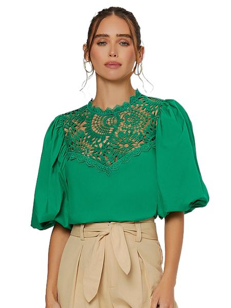 

guipure lace insert lantern sleeve blouse v2h2#, White