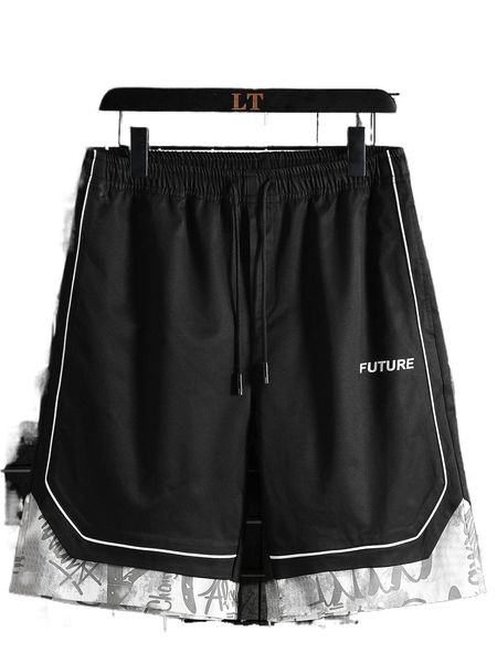 

men letter graphic contrast piping drawstring waist shorts r3kw#, White;black
