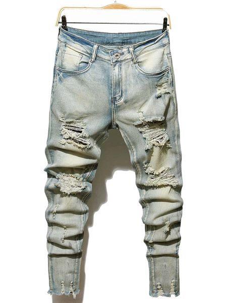 

men ripped frayed bleach wash cat scratch jeans u8d0#, Blue