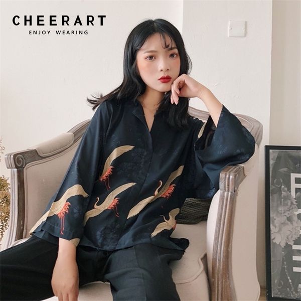 Cheerart Herbst Vintage Japanische Bluse Frauen V-ausschnitt Lose Top Femme Kran Druck Schwarz Herbst Bluse Kleidung 201202