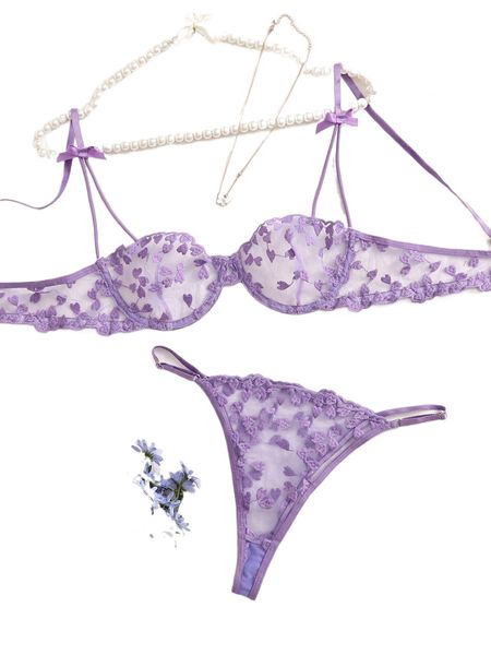 

heart embroidered bow front mesh lingerie set u5xi#, Black;red