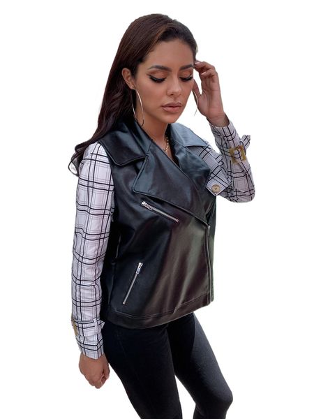 

d&m color block pu leather moto jacket e4i5#, Black;brown