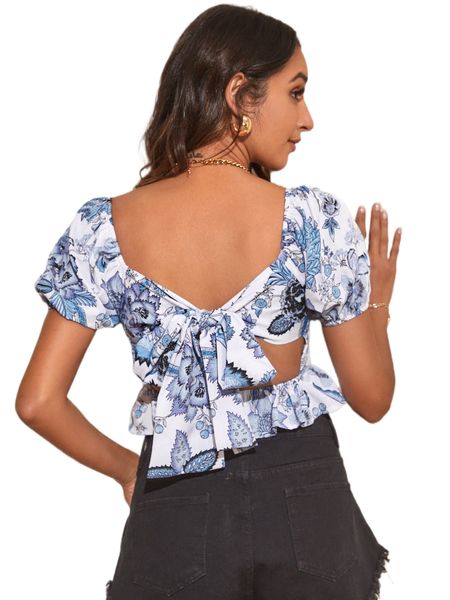 

floral print puff sleeve tie back peplum 467k#, White