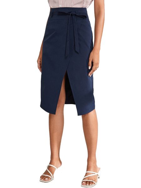 

solid belted wrap skirt w3us#, Black