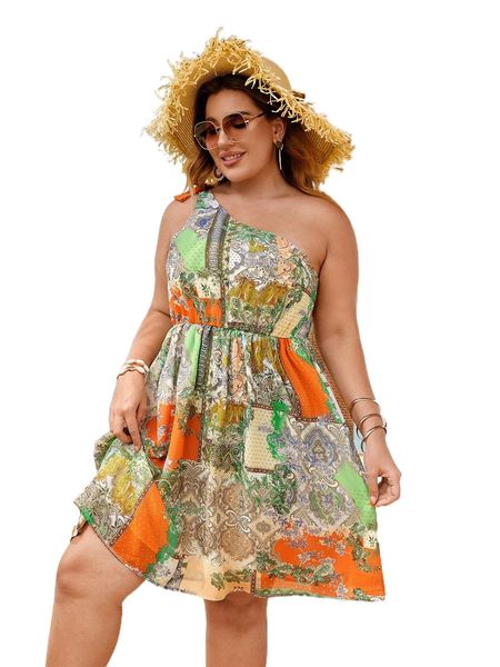 

plus paisley print one shoulder a-line dress e63v#, Black