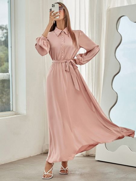 

lantern sleeve half button belted shirt dress s21c#, Black;gray