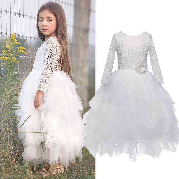 Mädchen Hochzeit Party Frühling Spitze Prinzessin Kleid Kinder Langarm Blume Rückenfreie Kleider Kinder Flauschigen Kuchen Blume Weiß Kleiden G220518