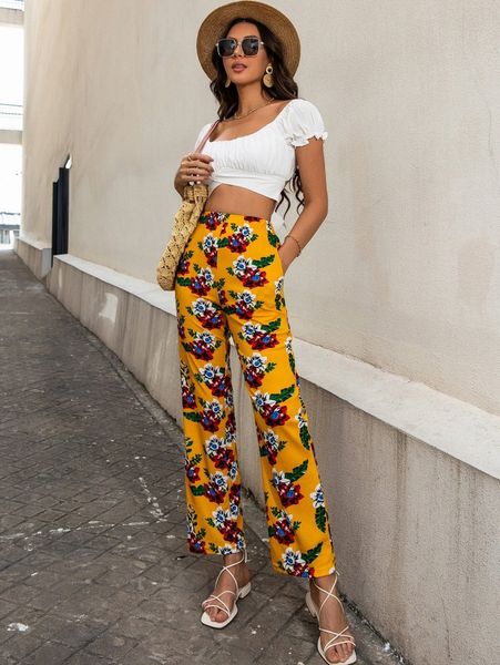 

allover floral straight leg pants y7dg#, Black;white