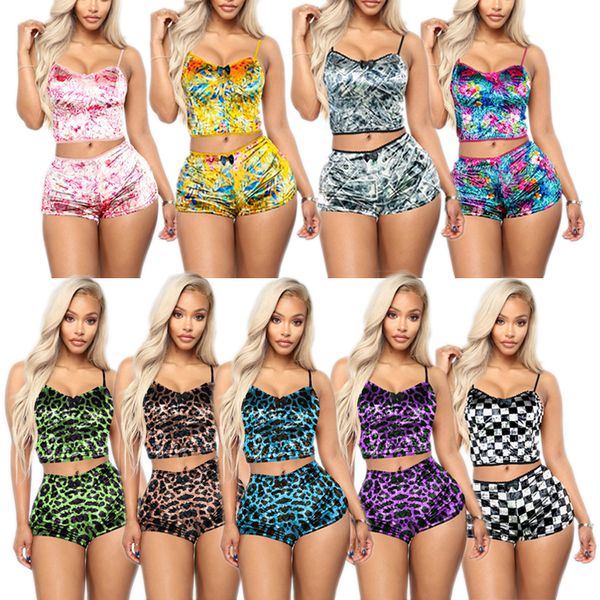 

yoga outfits mix 18 styles summer breathable plus size women pajamas short sling v neck velvet sleepwear set, White;red