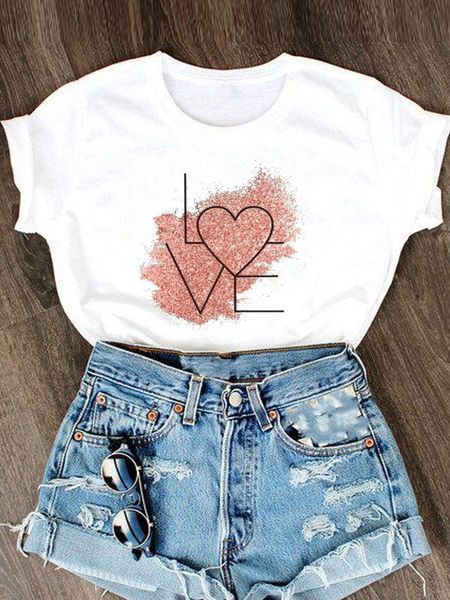 T-Shirt Feminina Love Style Valentine Graphic T Shirt Vestuário Moda Roupas Femininas Manga Curta Verão T com Decote em O Cartoon Top Feminino